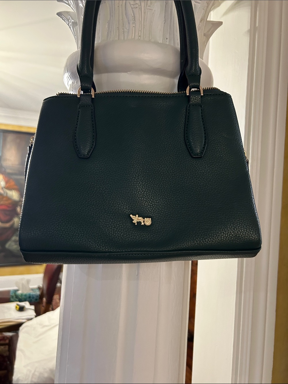Structured Dark Green Pebbled Faux Leather Satchel Handbag